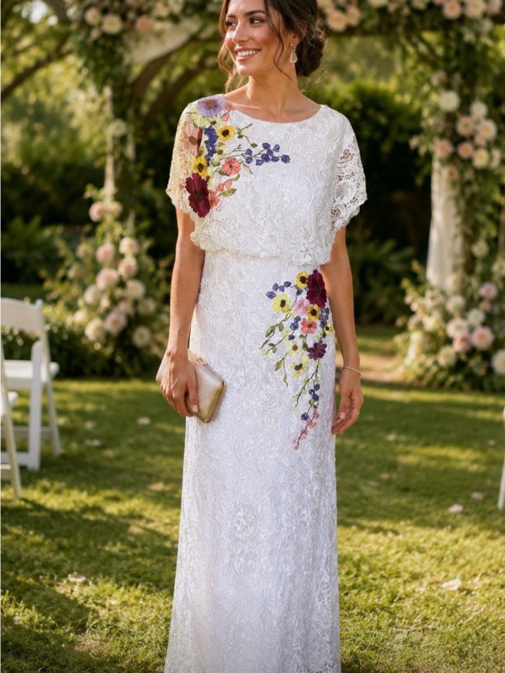 Elegant White Lace Maxi Dress with Floral Embroidery